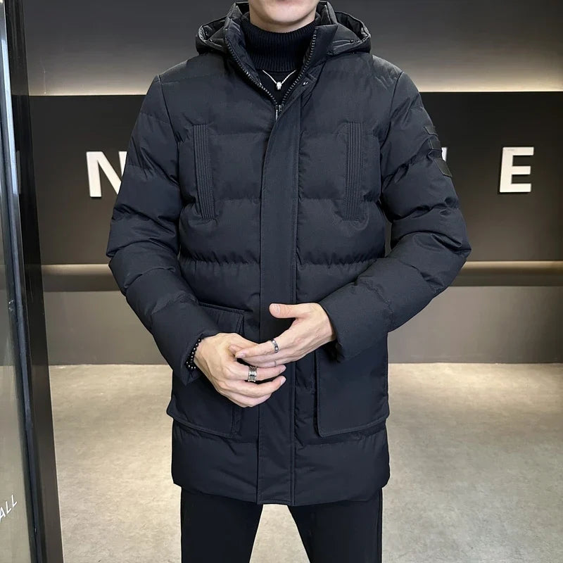 Herr Vinterjacka Lång Modell med Huva och Fickor Vadderad
