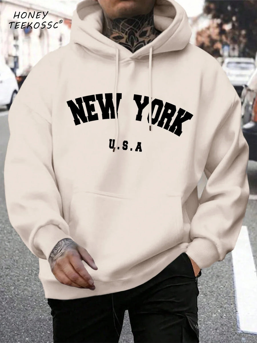 Hoodie med "New York" eller "Brooklyn" tryck, dragsko och känguruficka för män