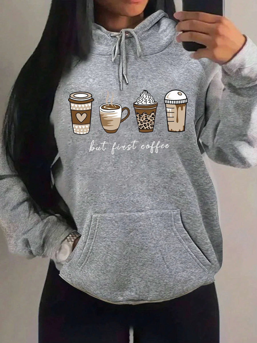 Huvtröja med "but first coffee"-tryck, känguruficka och dragsko