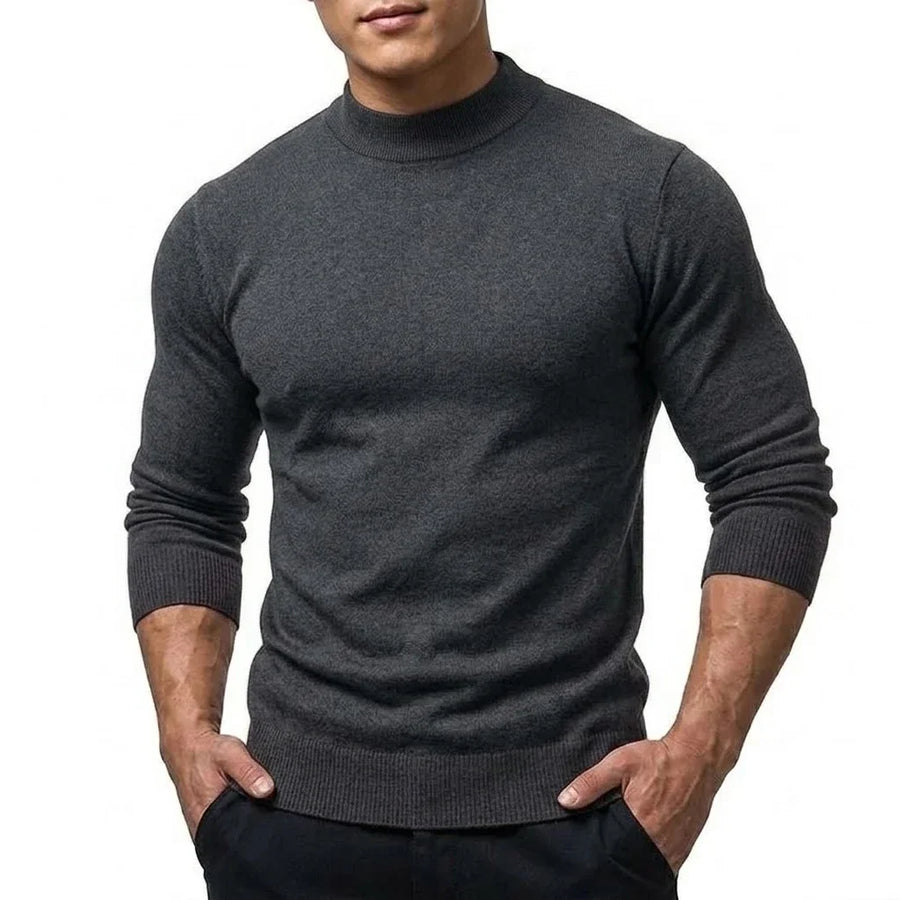 Herrtröja mockneck långärmad ribbstickad kant enfärgad