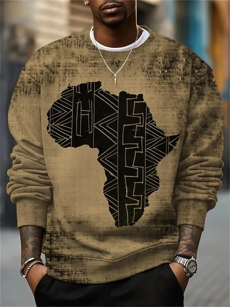 Herrtröja med lång ärm och afrikanskt motiv, mjuk collegetröja