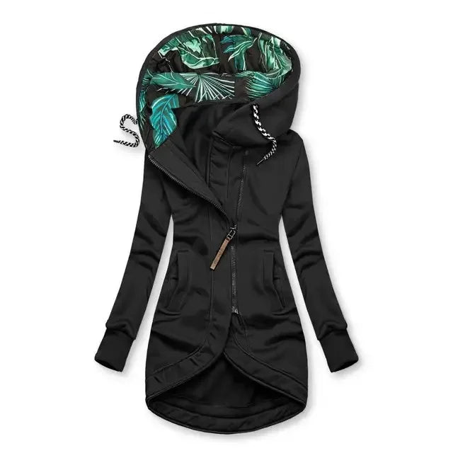 Damhoodie med dragkedja och mönstrad luva, lång modell