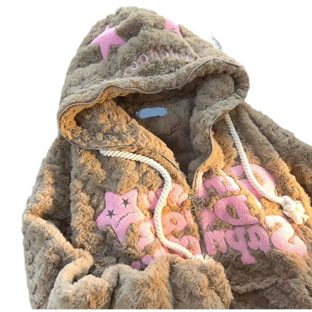 Mjuk fluffig hoodie med dragkedja och stjärnmönster