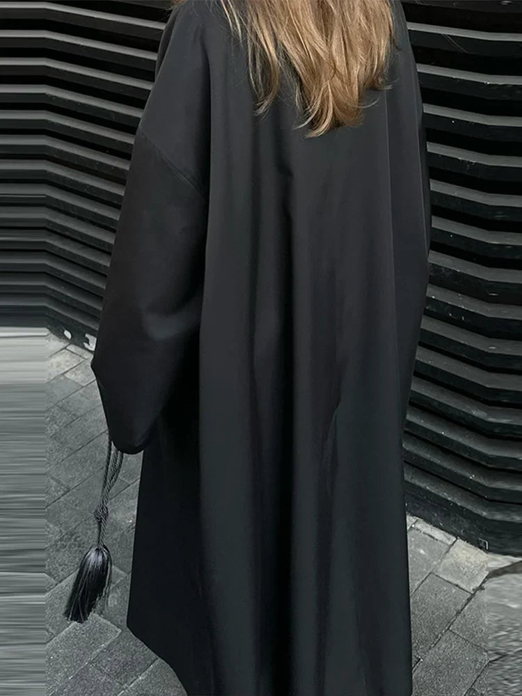 Lång Kappa med Hög Krage för Dam, Knappar och Lång Ärm, Lös Passform