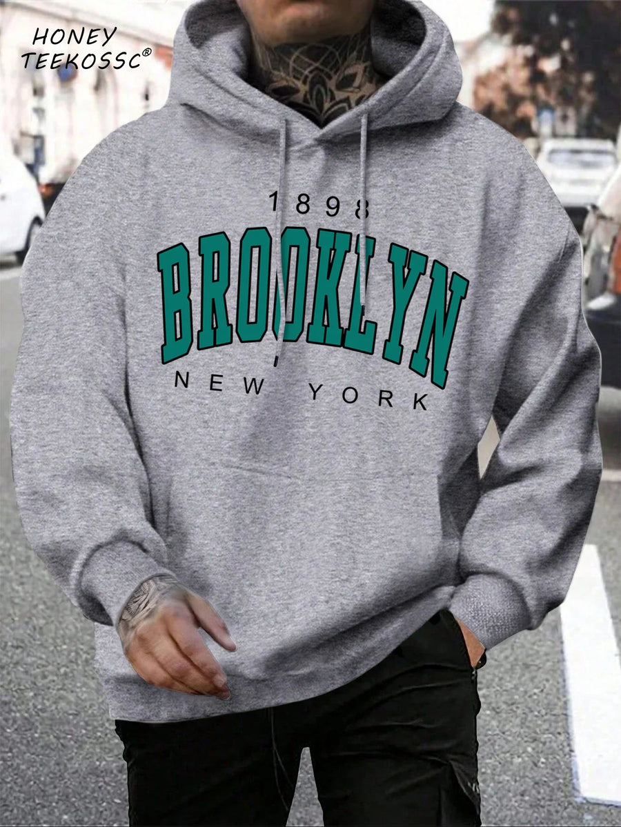 Hoodie med "New York" eller "Brooklyn" tryck, dragsko och känguruficka för män