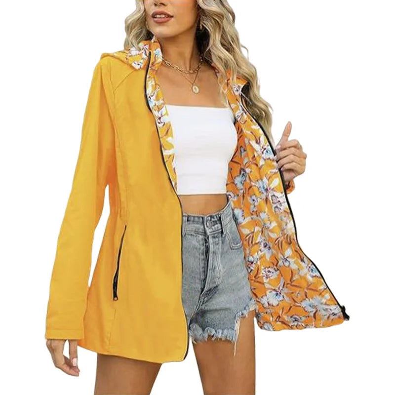 Vändbar Lättviktsjacka med Huva och Blommig Insida Ljusblå