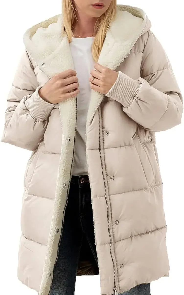 Lång vadderad vinterjacka med huva och teddyfoder för dam, flera färger