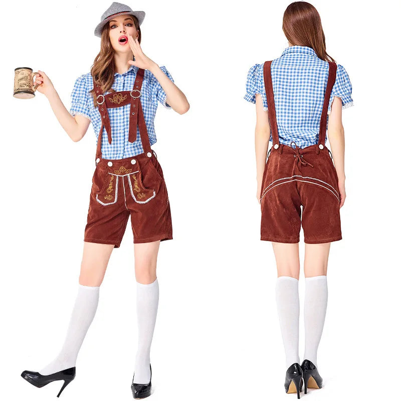 Dam Trachtenkostym med Rutig Blus och Hängselshorts