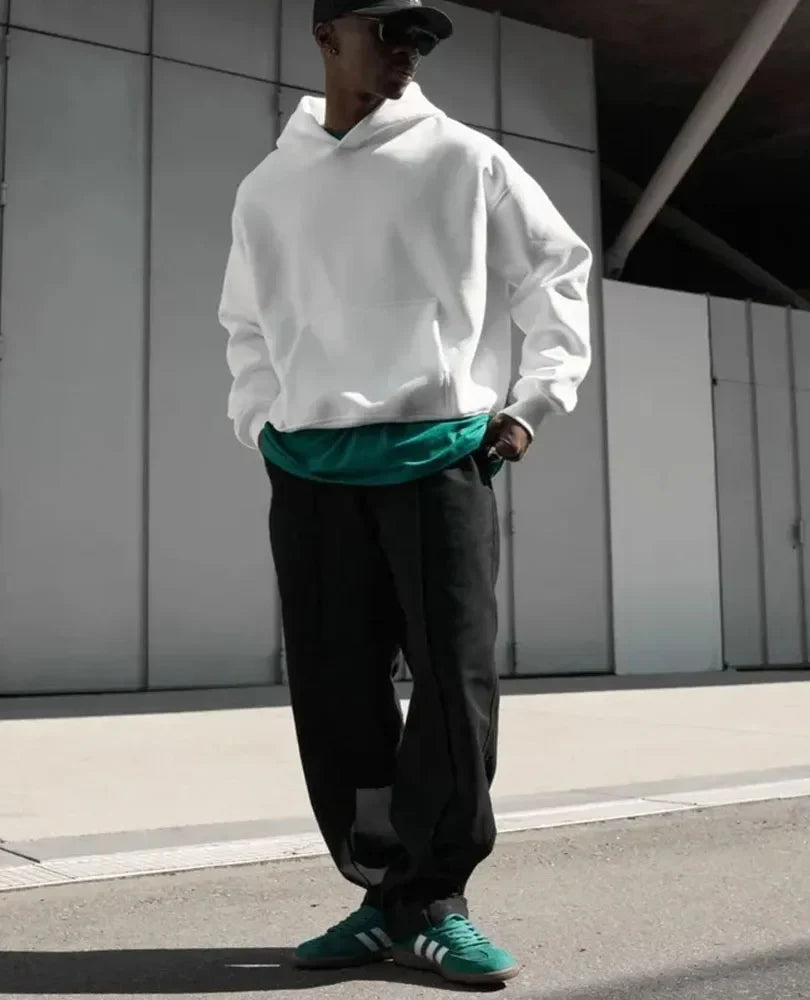 Män Oversize Hoodie med Känguruficka och Huva i Enfärgade Material
