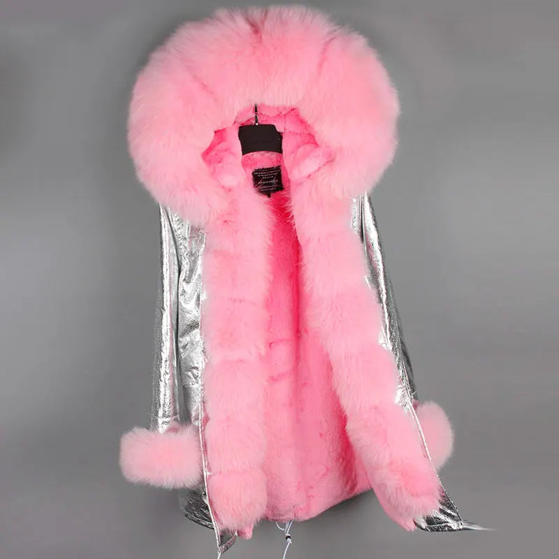 Vinterparkas med rosa fuskpälsfoder och luva, dam