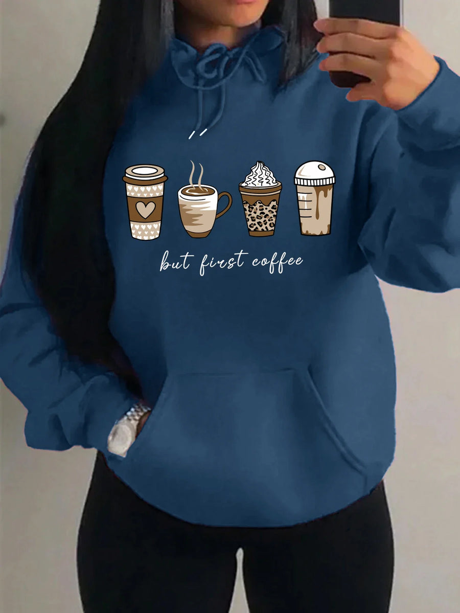 Huvtröja med "but first coffee"-tryck, känguruficka och dragsko