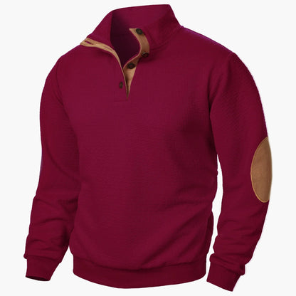 Herrens stickad pullover med trendig halvknäppning och förstärkta armbågar – perfekt för vardag och fritid