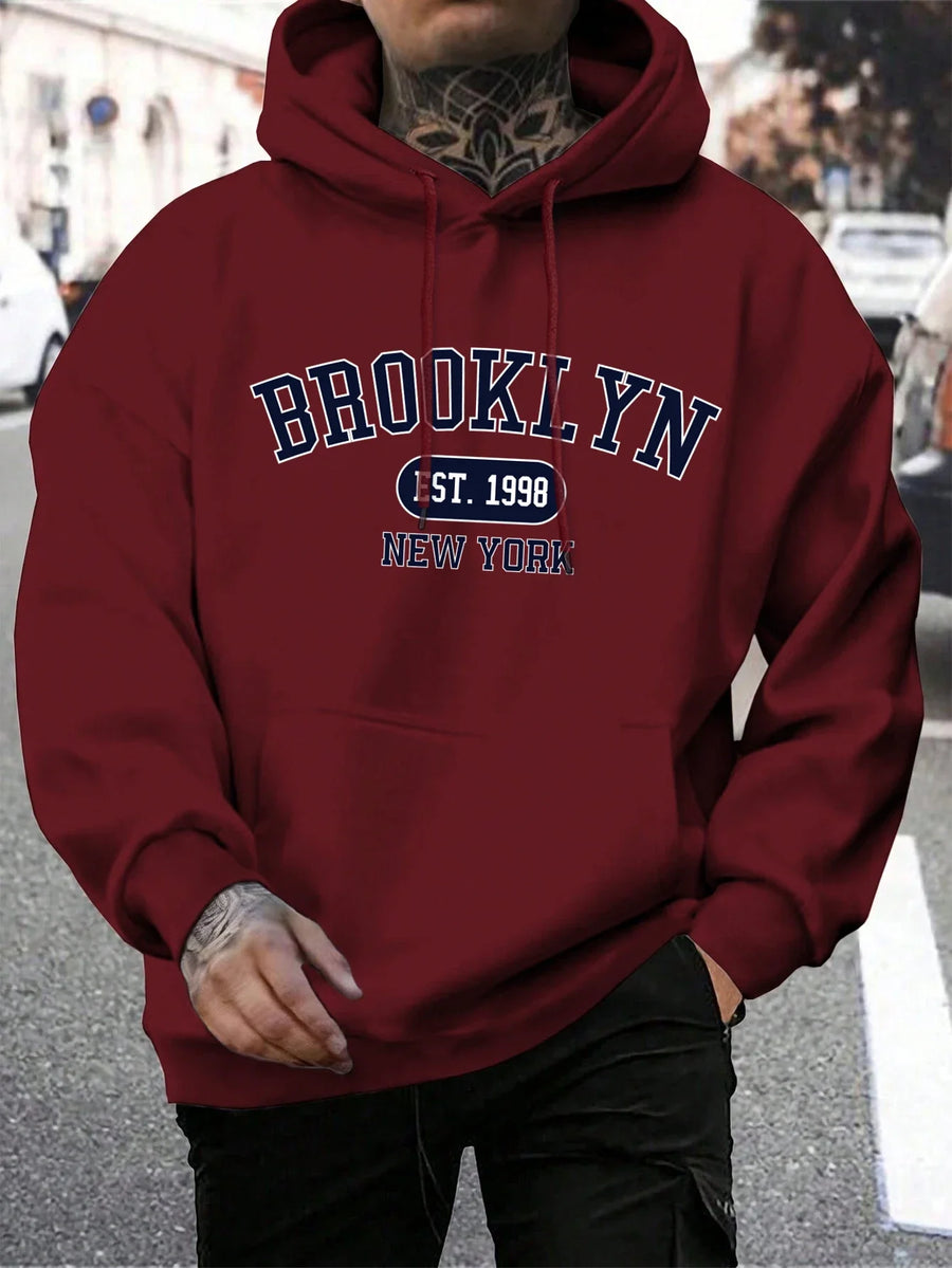 Hoodie med "New York" eller "Brooklyn" tryck, dragsko och känguruficka för män
