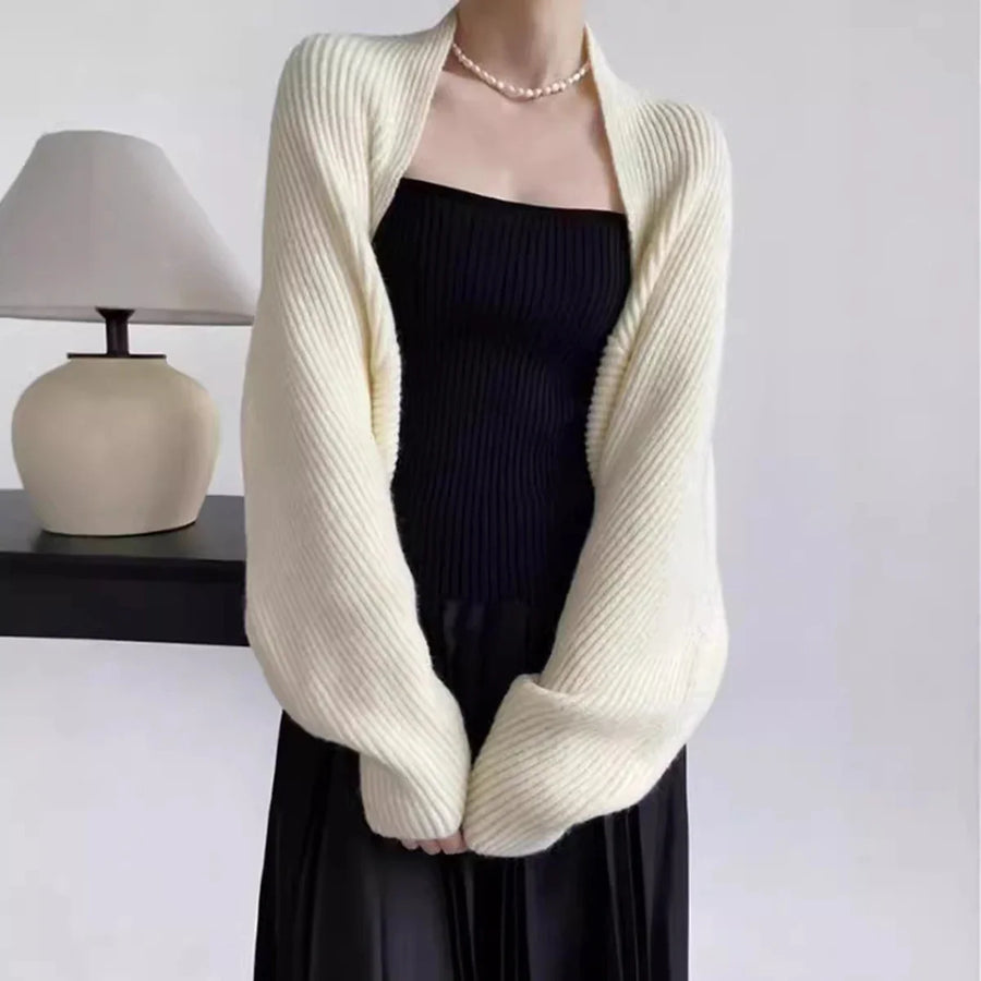 Ribbad crop top med långa ärmar för dam, bolero-stil, stickat utseende