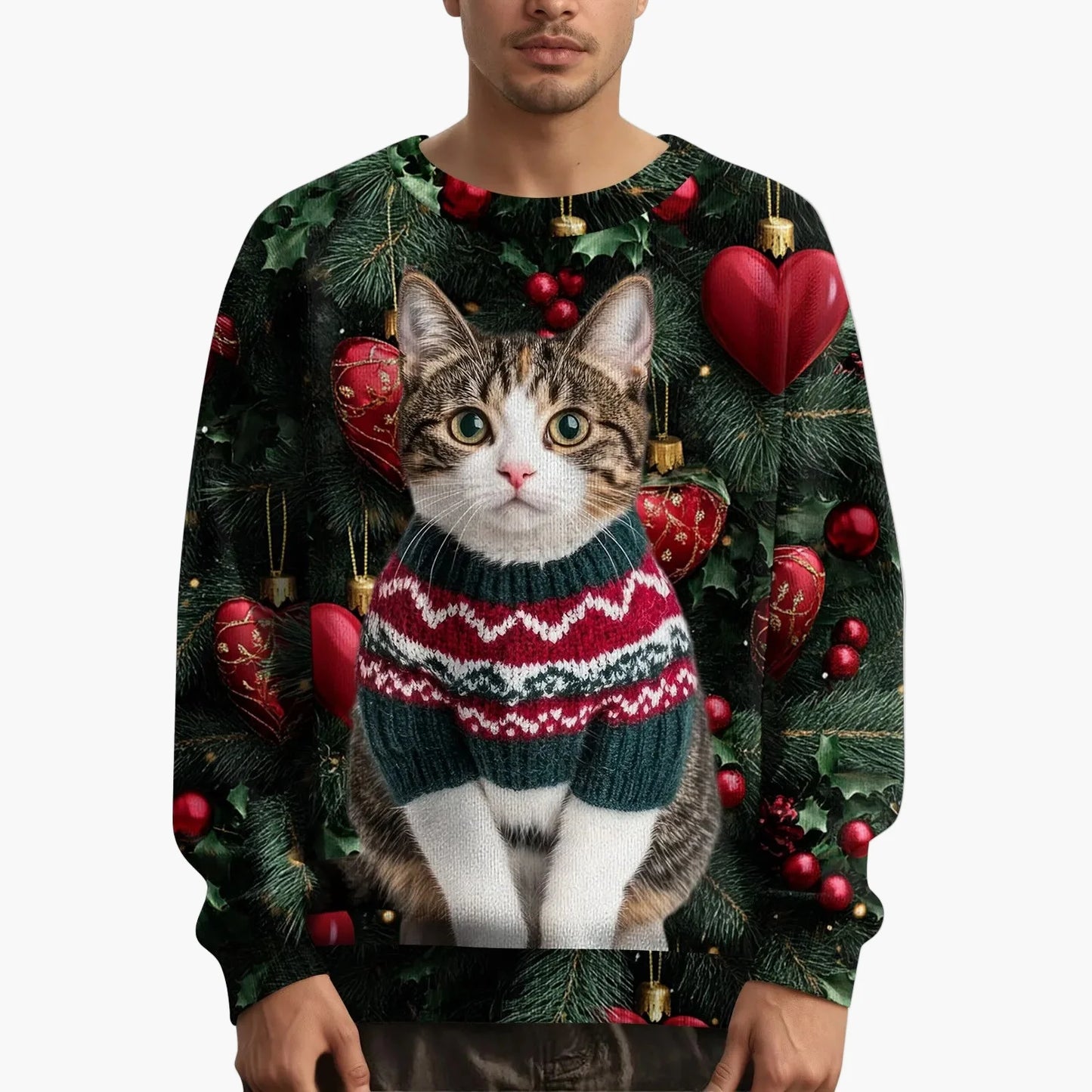 Herr jultröja med kattmotiv och festligt mönster – Perfekt för julfester och mysiga vinterdagar