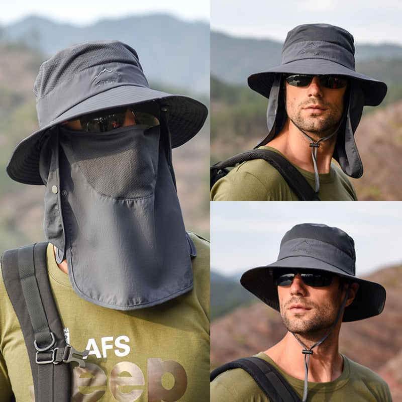 Unisex Solhatt med Hals- och Ansiktsskydd, Justerbar Rem, Grå