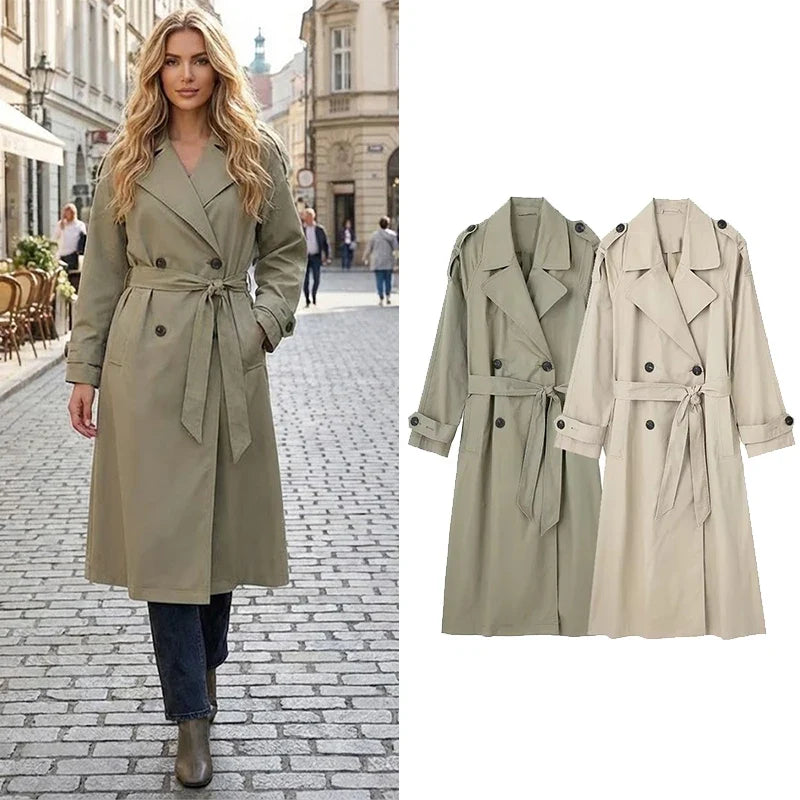 Dam lång trenchcoat med skärp, dubbelknäppt beige eller grön