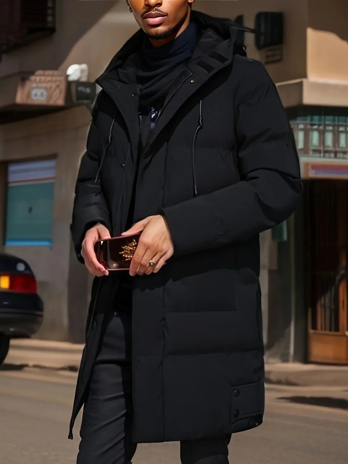 Herr Lång Dunjacka med Huva och Fickor, Varm Parkas i Enfärgad Design
