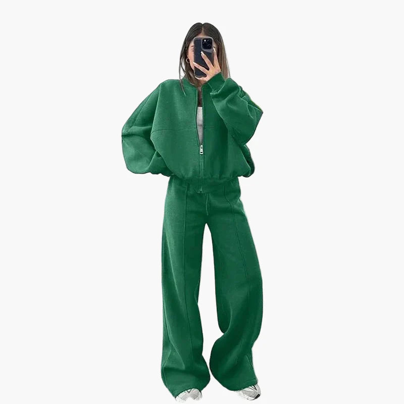 Damers Loungewear Set med Vid Passform – Avslappnad Träningsdräkt med Dragkedja och Vida Byxor