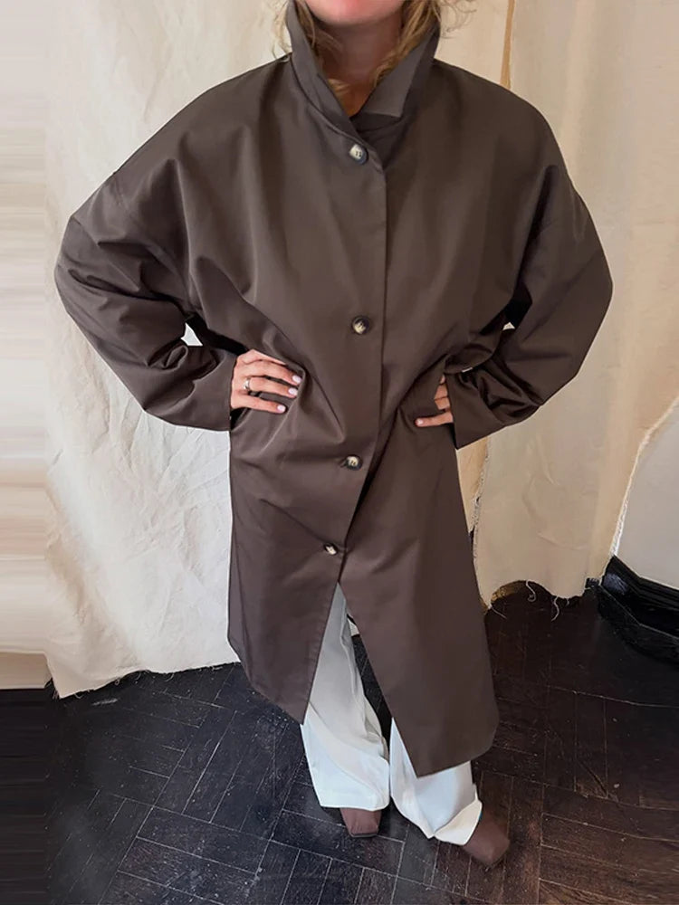 Lång Kappa med Hög Krage för Dam, Knappar och Lång Ärm, Lös Passform