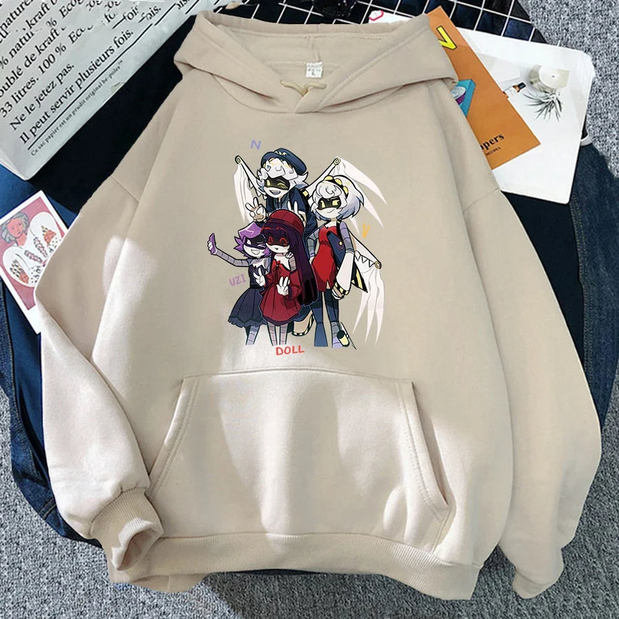 Hoodie med tryck och magficka, långärmad huvtröja