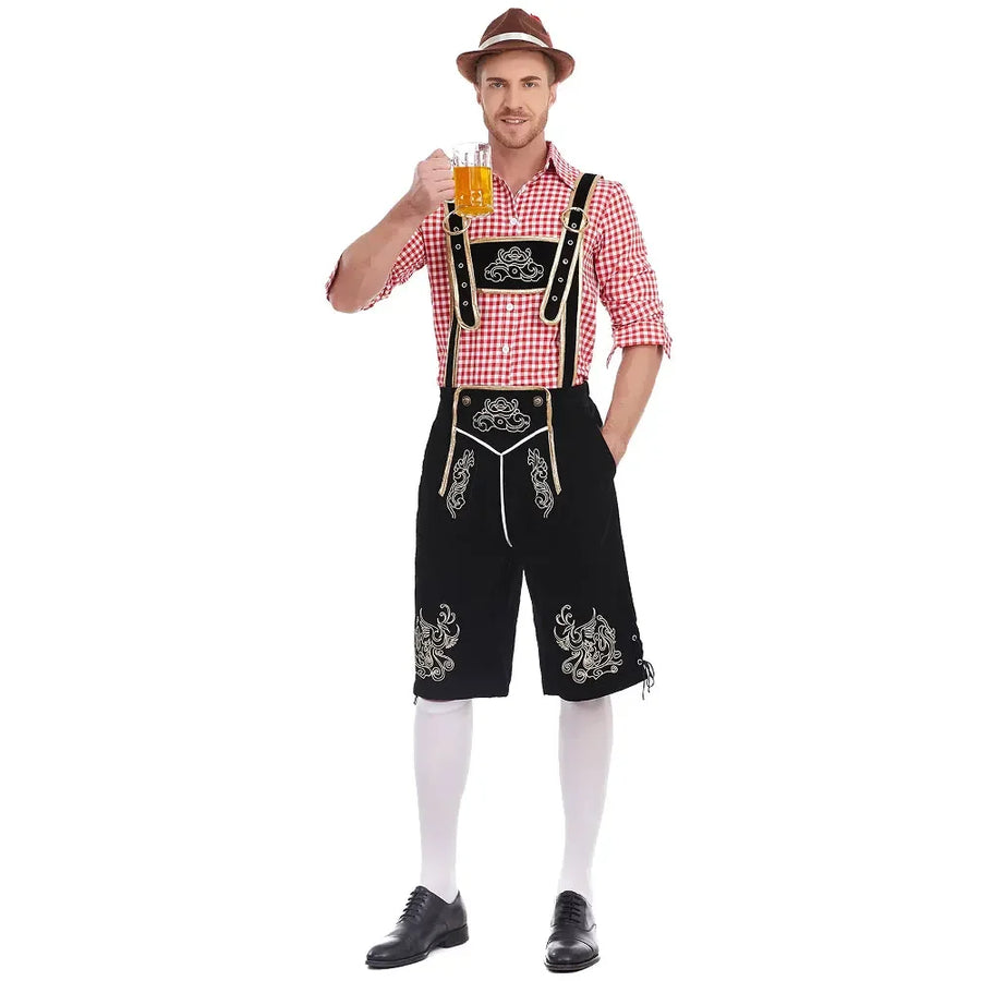 Oktoberfest herrkläder med rutig skjorta, broderade hängselbyxor och hatt