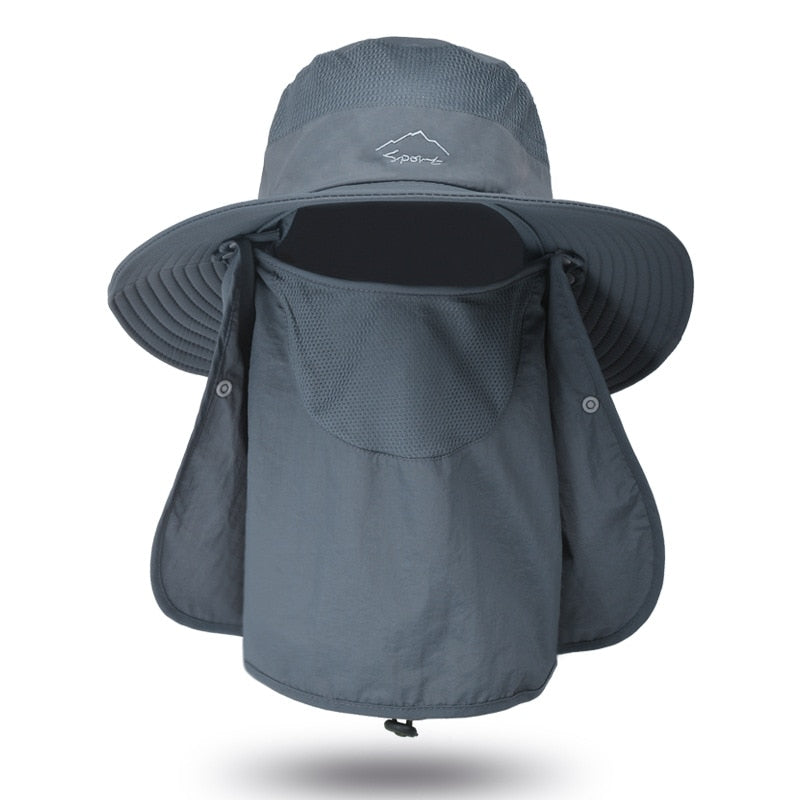 Unisex Solhatt med Hals- och Ansiktsskydd, Justerbar Rem, Grå