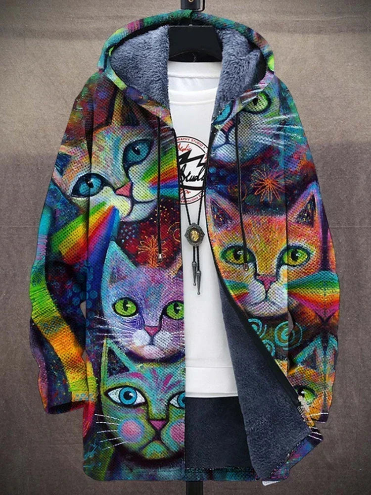 Ruth – Unisex Färgglad Katt-Print Huvtröja med Varm Fleecefoder och Konstnärlig Design