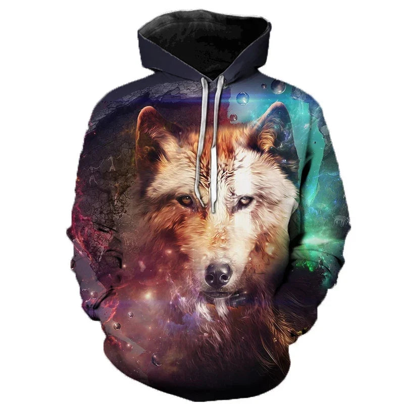 Hoodie med vargtryck i 3D, grafiskt mönster med vargar och måne