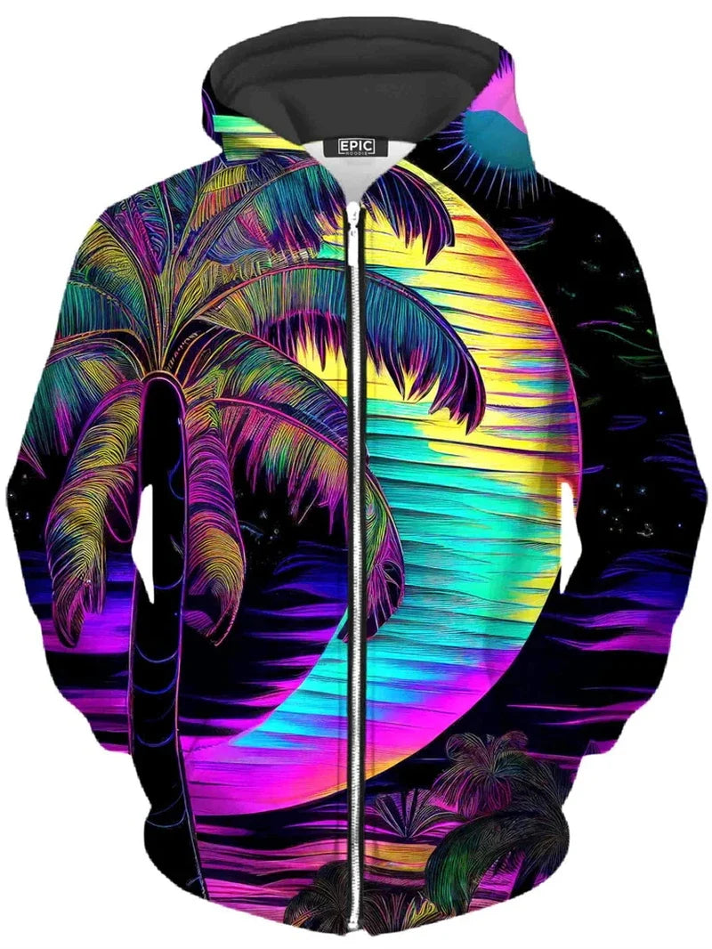 Hoodie med dragkedja och färgstarkt trädtryck, svart