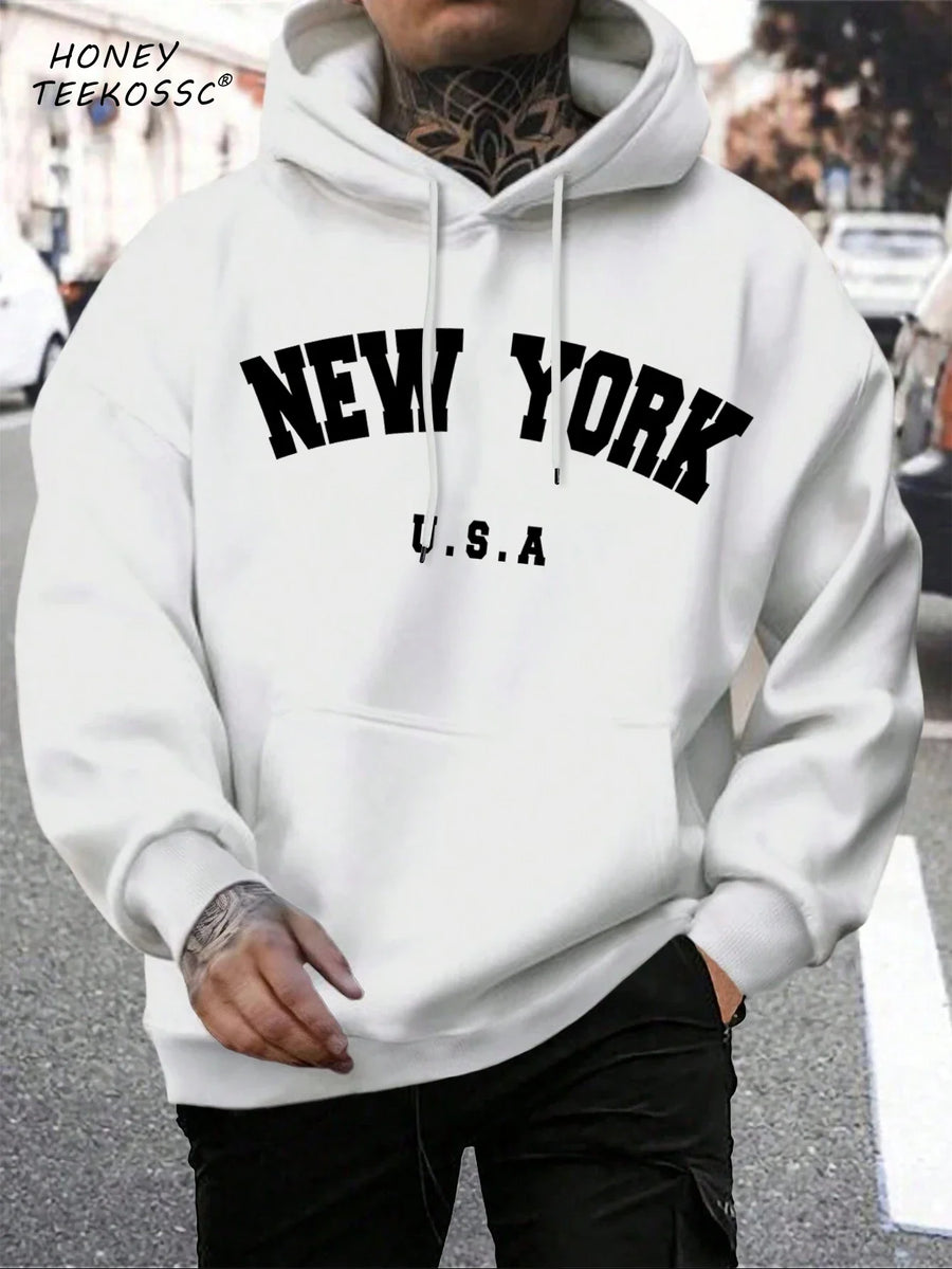Hoodie med "New York" eller "Brooklyn" tryck, dragsko och känguruficka för män