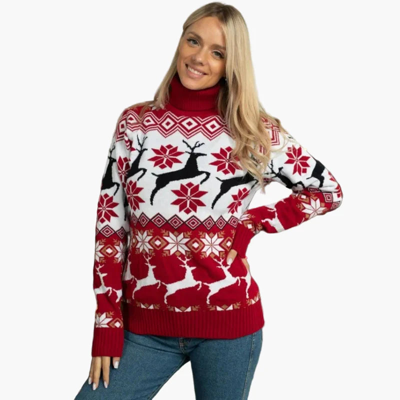 Dam Jultröja med Polokrage – Klassisk och Festlig Design med Renmotiv
