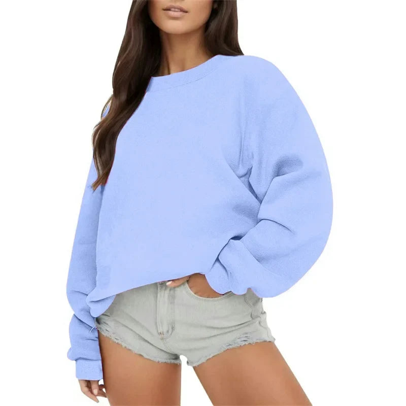 Enfärgad Sweatshirt för Dam med Rund Hals