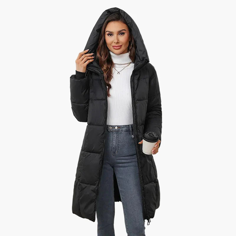Dam Vinterjacka Lång Puffer Varm Parkas med Huva – Trendig och Funktionell Ytterplagg för Kallt Väder