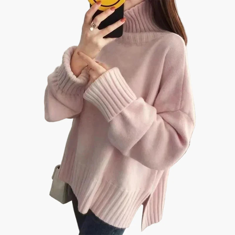 Damstickad oversize tröja med hög krage – koreansk stil för höst och vinter