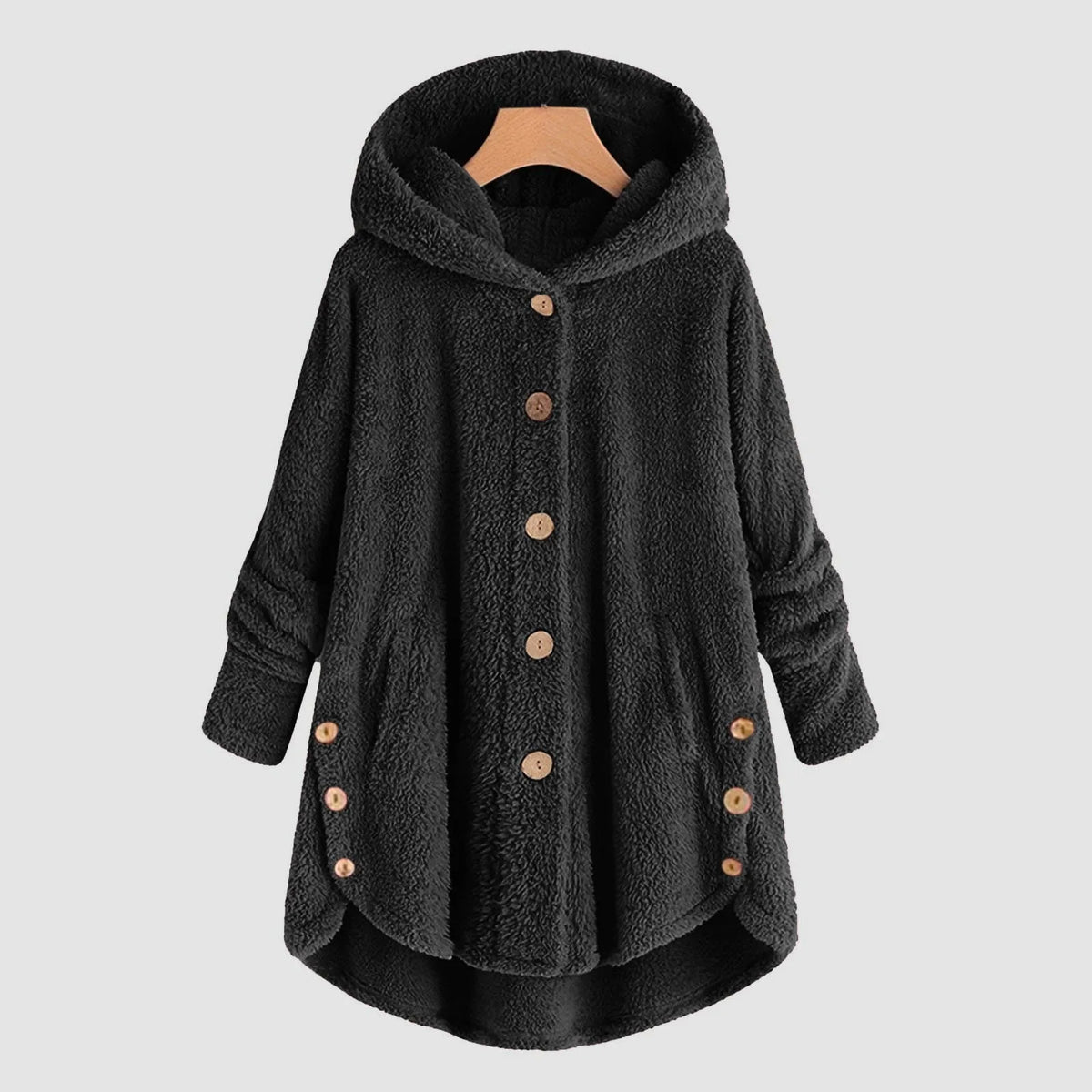 Teddyfleecejacka med huva och knappar, lång modell med asymmetrisk fåll