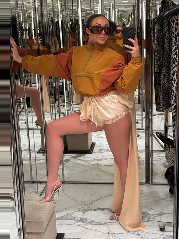 Färgad vindjacka med dragkedja Dam kort träningsjacka Långärmad crop top