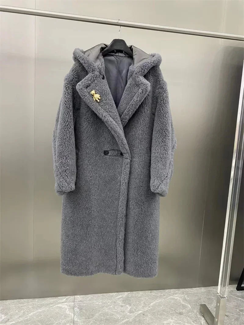 Teddykappa med luva och vantar, lång modell i mjukt material för dam