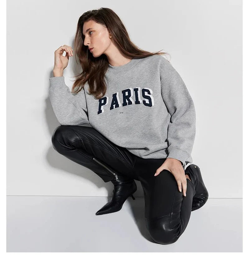 Dam sweatshirt grå med "PARIS" tryck rund hals oversized
