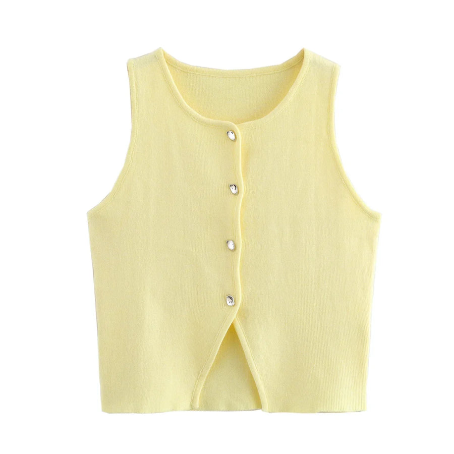 Ärmlös ribbad tröja med knappar, dam – V-ringad crop top