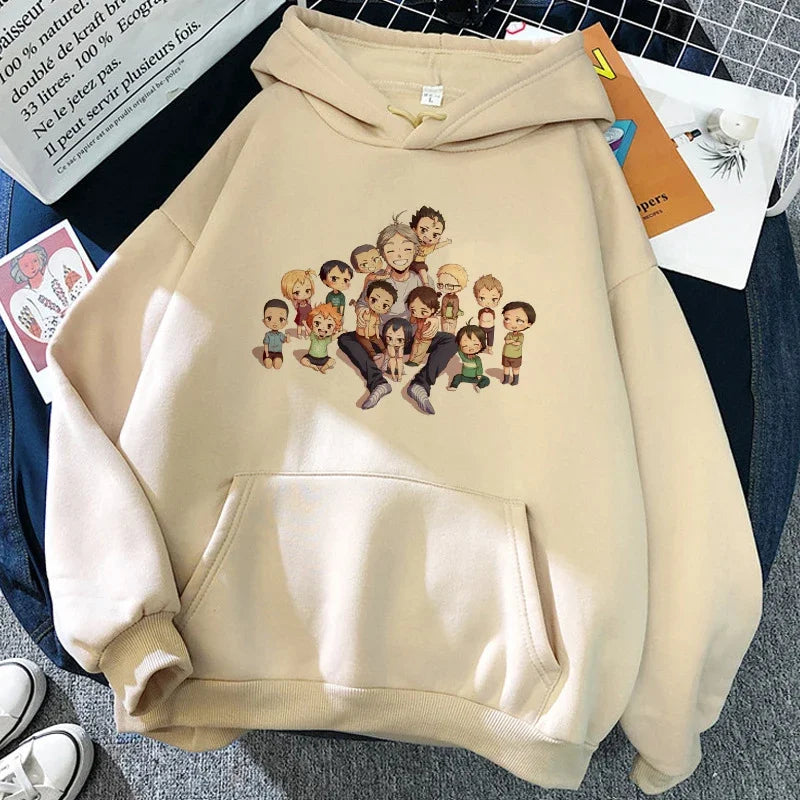 Hoodie med Karasuno Volleyball Club-tryck, beige/svart, unisex