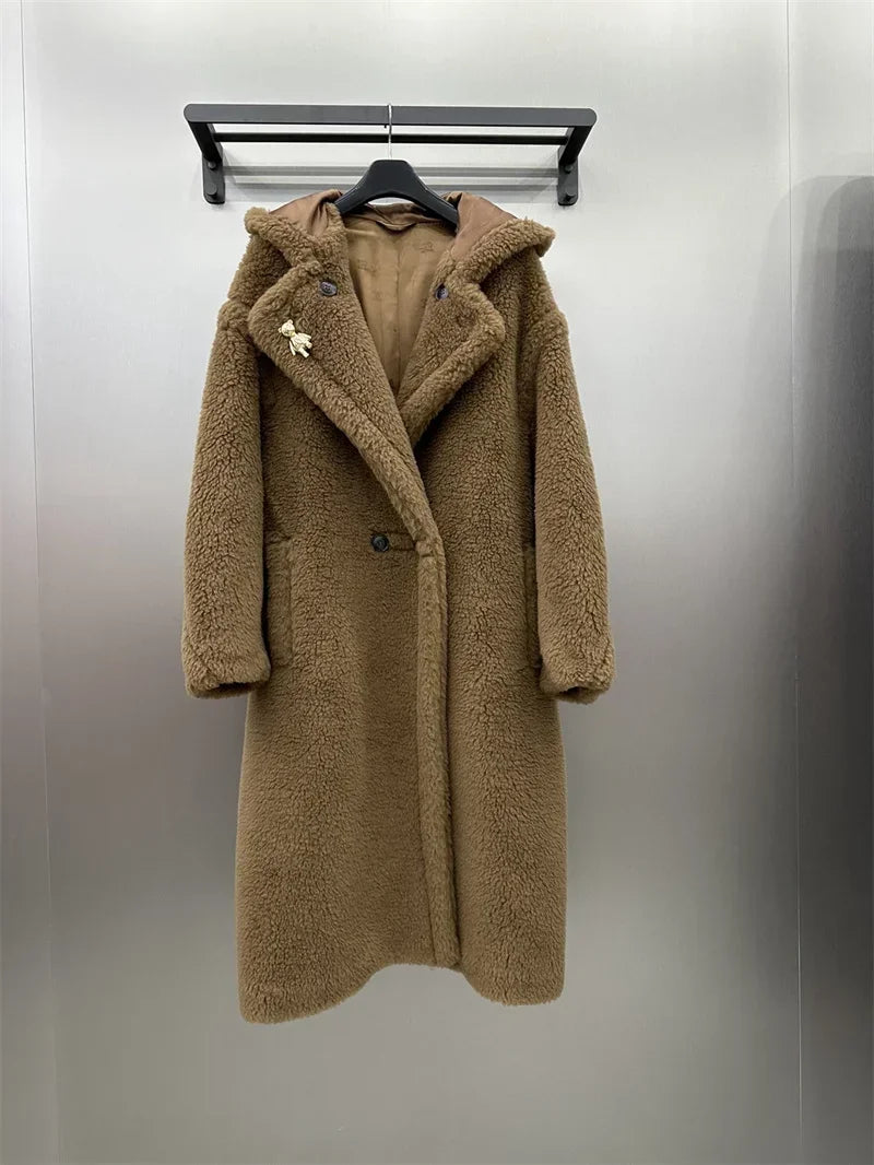 Teddykappa med luva och vantar, lång modell i mjukt material för dam