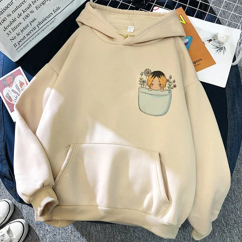 Hoodie med Karasuno Volleyball Club-tryck, beige/svart, unisex