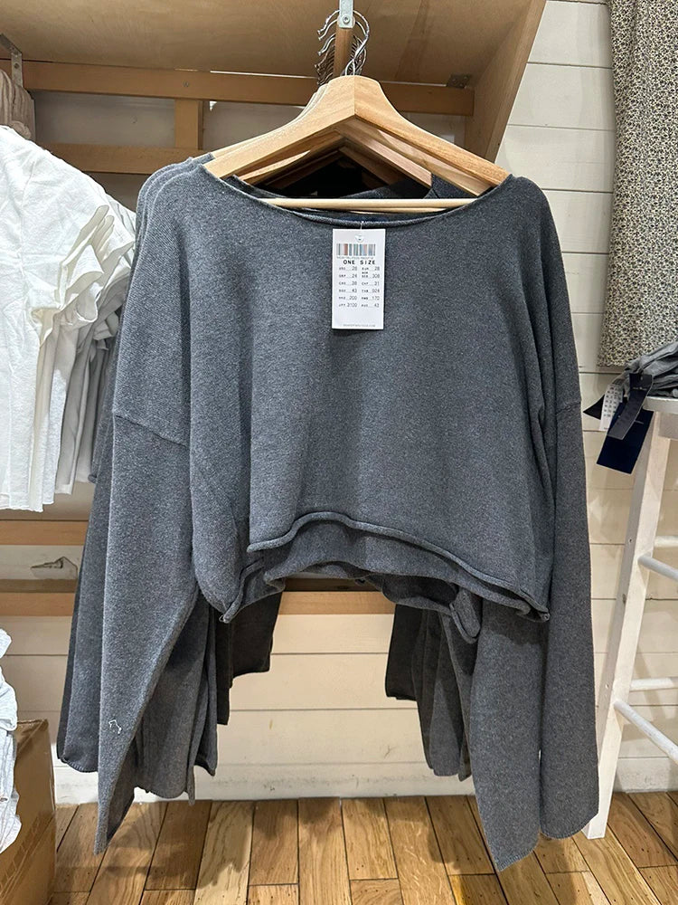 Vid Halsringad Långärmad Tröja Crop Top Grå