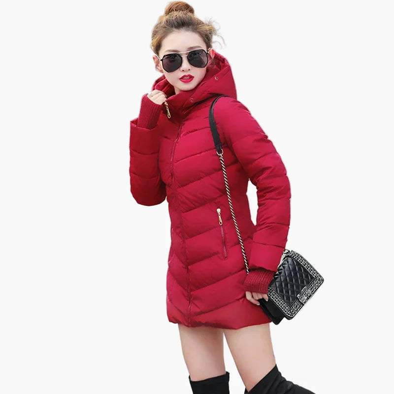 Dam Vinterjacka med Stora Pälskrage och Figursydd Design – Elegant Varm Parkas för Kalla Dagar