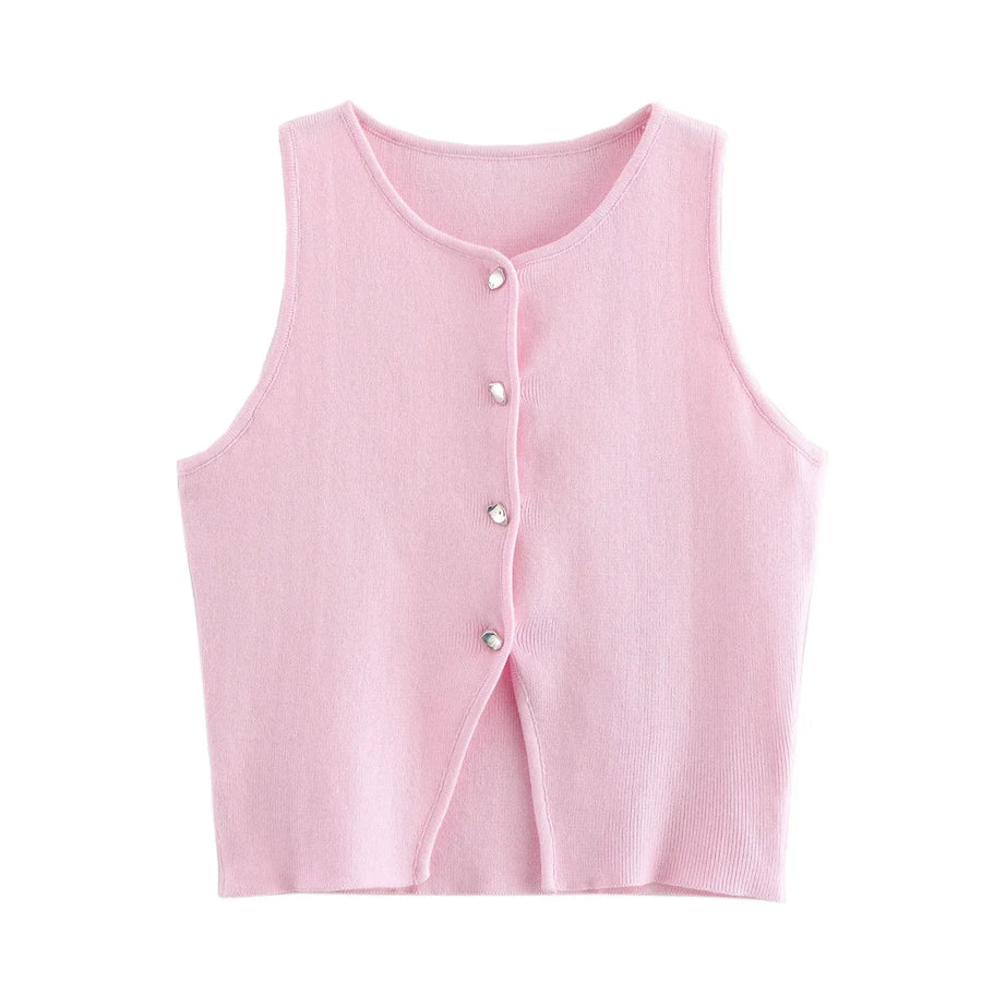 Ärmlös ribbad tröja med knappar, dam – V-ringad crop top