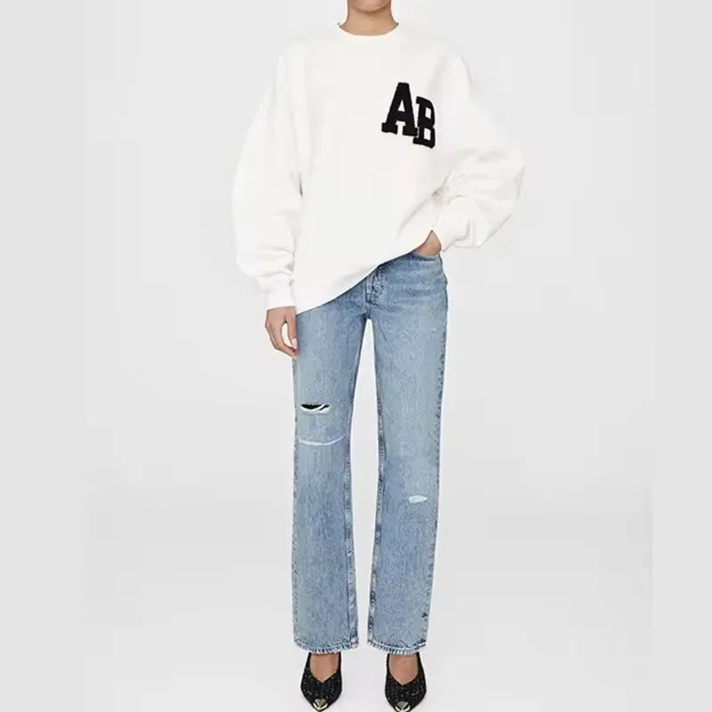 Dam sweatshirt grå med "PARIS" tryck rund hals oversized