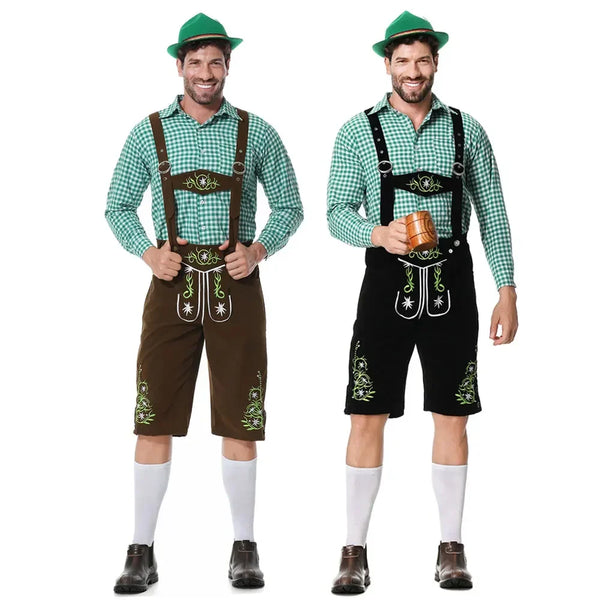 Herr Oktoberfestdräkt Brun/Svart Komplett Set Rutig Skjorta Hängselbyxor och Hatt