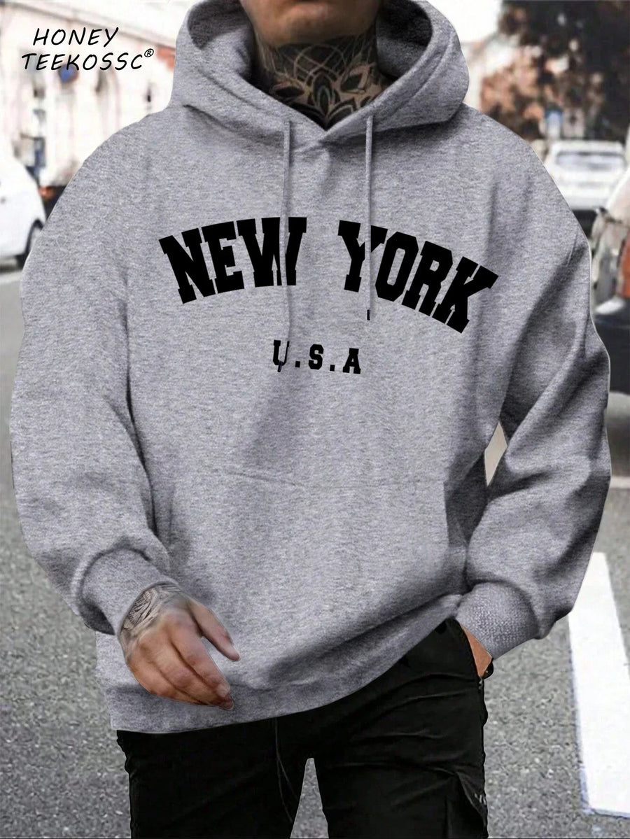 Hoodie med "New York" eller "Brooklyn" tryck, dragsko och känguruficka för män