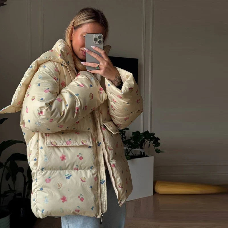 Puffig Vinterjacka med Huva för Dam, Varm Dunjacka med Dragkedja och Fickor